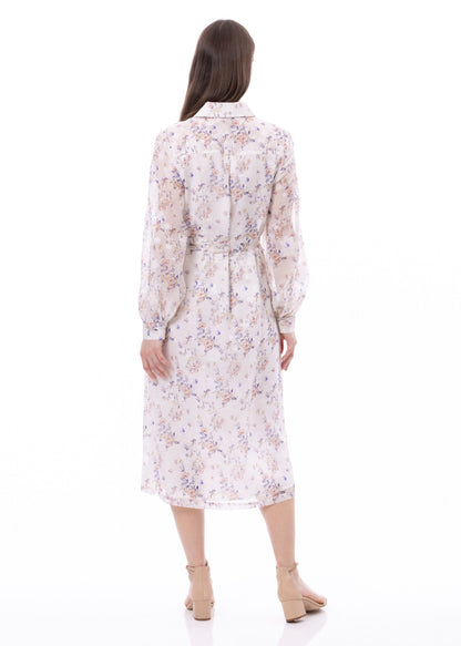 Button Down Shirt Dress With Illusion Puff Long Sleeve & Pockets In Romantic Garden Print