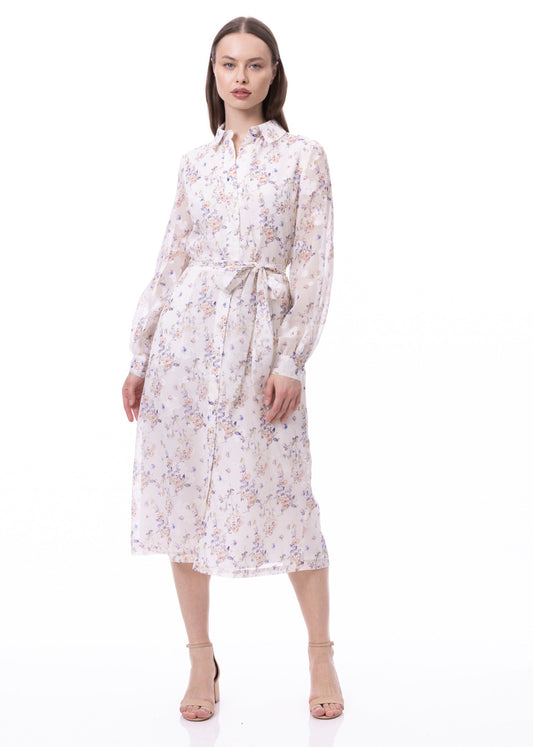 Button Down Shirt Dress With Illusion Puff Long Sleeve & Pockets In Romantic Garden Print