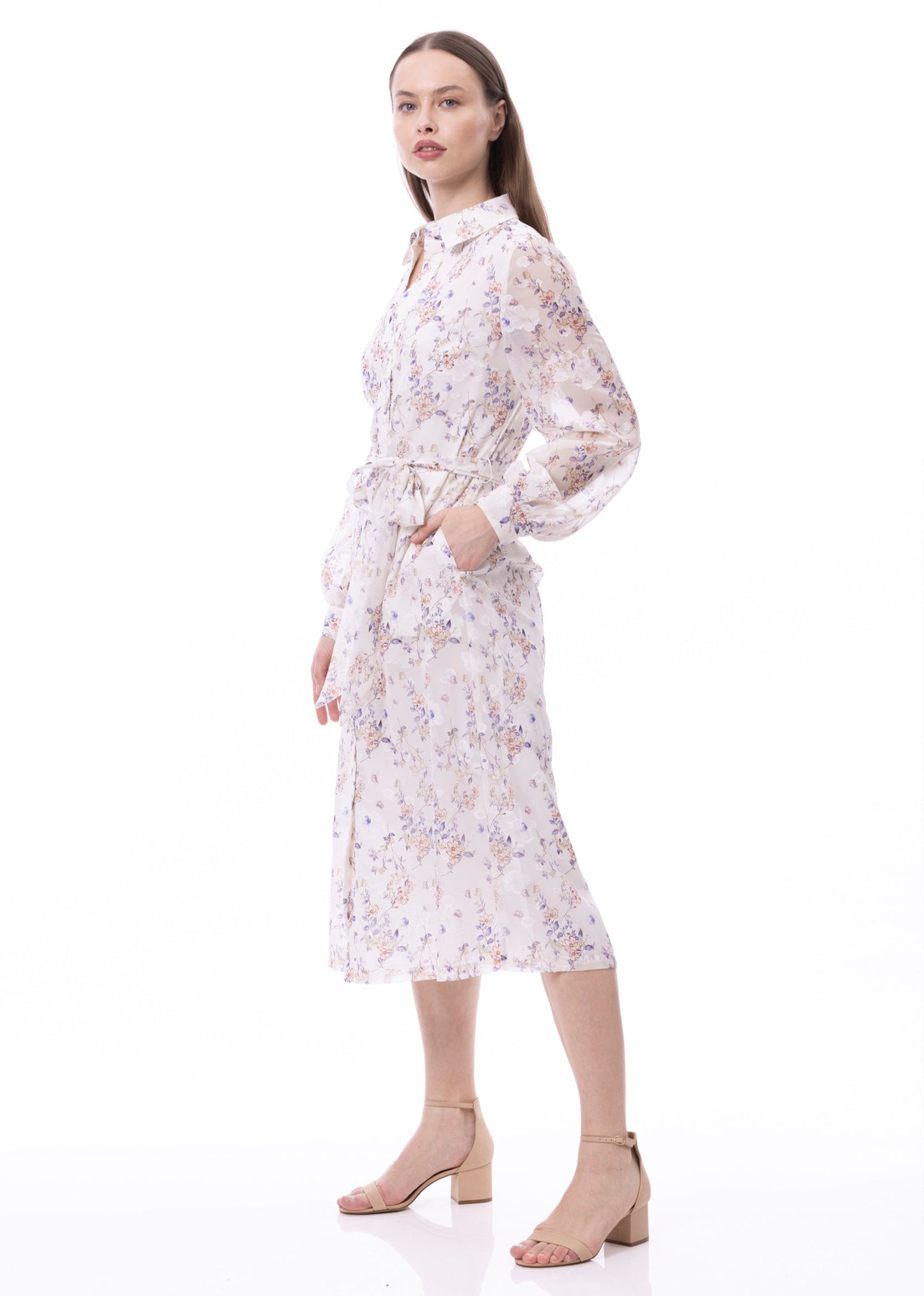 Button Down Shirt Dress With Illusion Puff Long Sleeve & Pockets In Romantic Garden Print