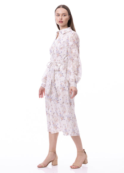Button Down Shirt Dress With Illusion Puff Long Sleeve & Pockets In Romantic Garden Print
