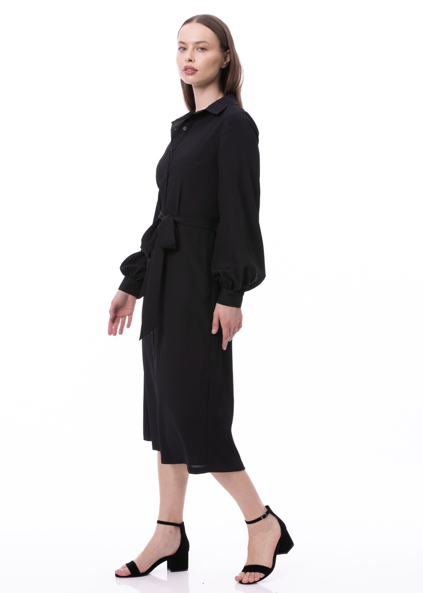 Button Down Striped Satin Jacquard Shirt Dress With Puff Long Sleeve & Pockets In Black Solid