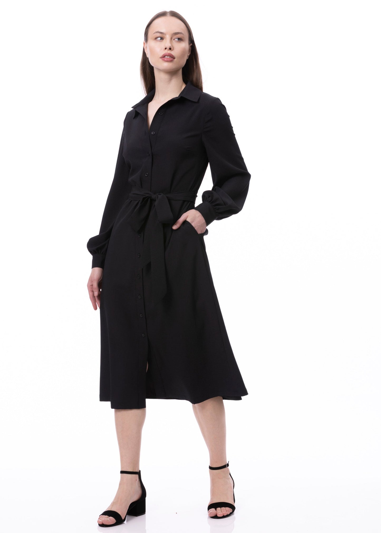Button Down Striped Satin Jacquard Shirt Dress With Puff Long Sleeve & Pockets In Black Solid