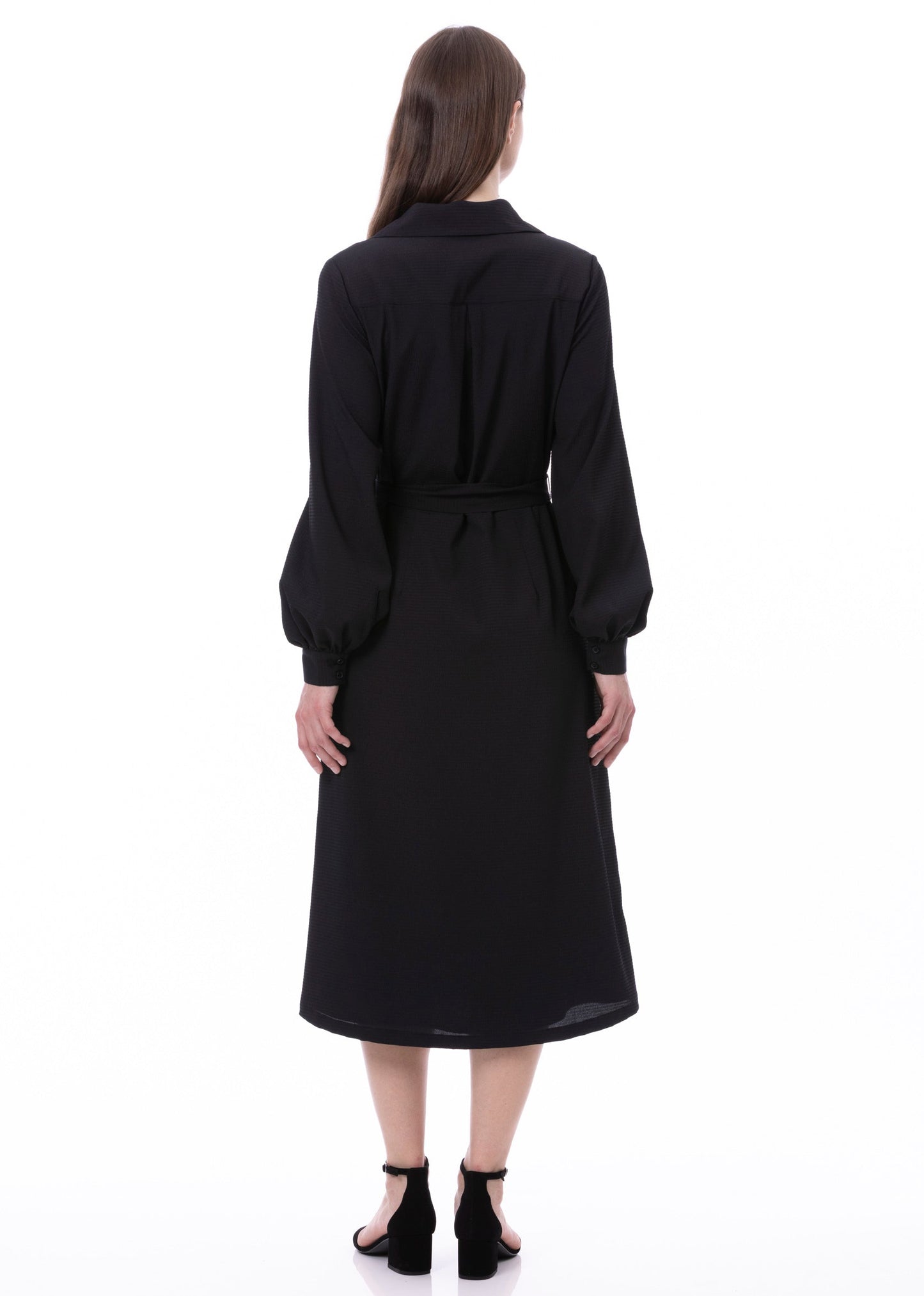 Button Down Striped Satin Jacquard Shirt Dress With Puff Long Sleeve & Pockets In Black Solid