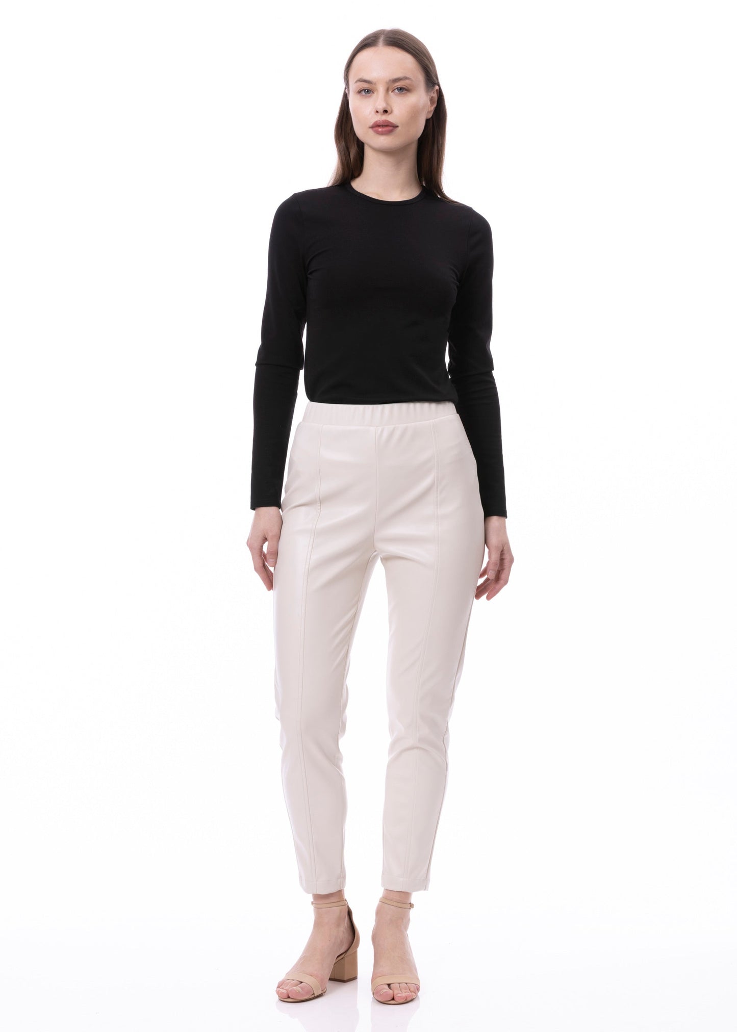 PU Leather Skinny Cigarettes Pant In Khaki Solid