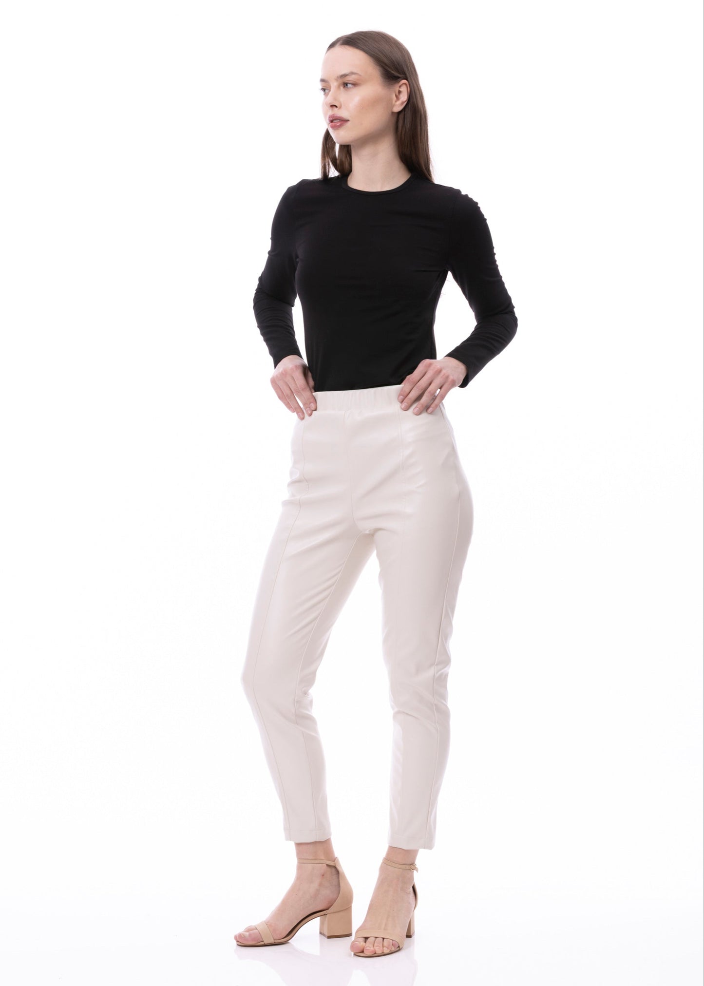 PU Leather Skinny Cigarettes Pant In Khaki Solid