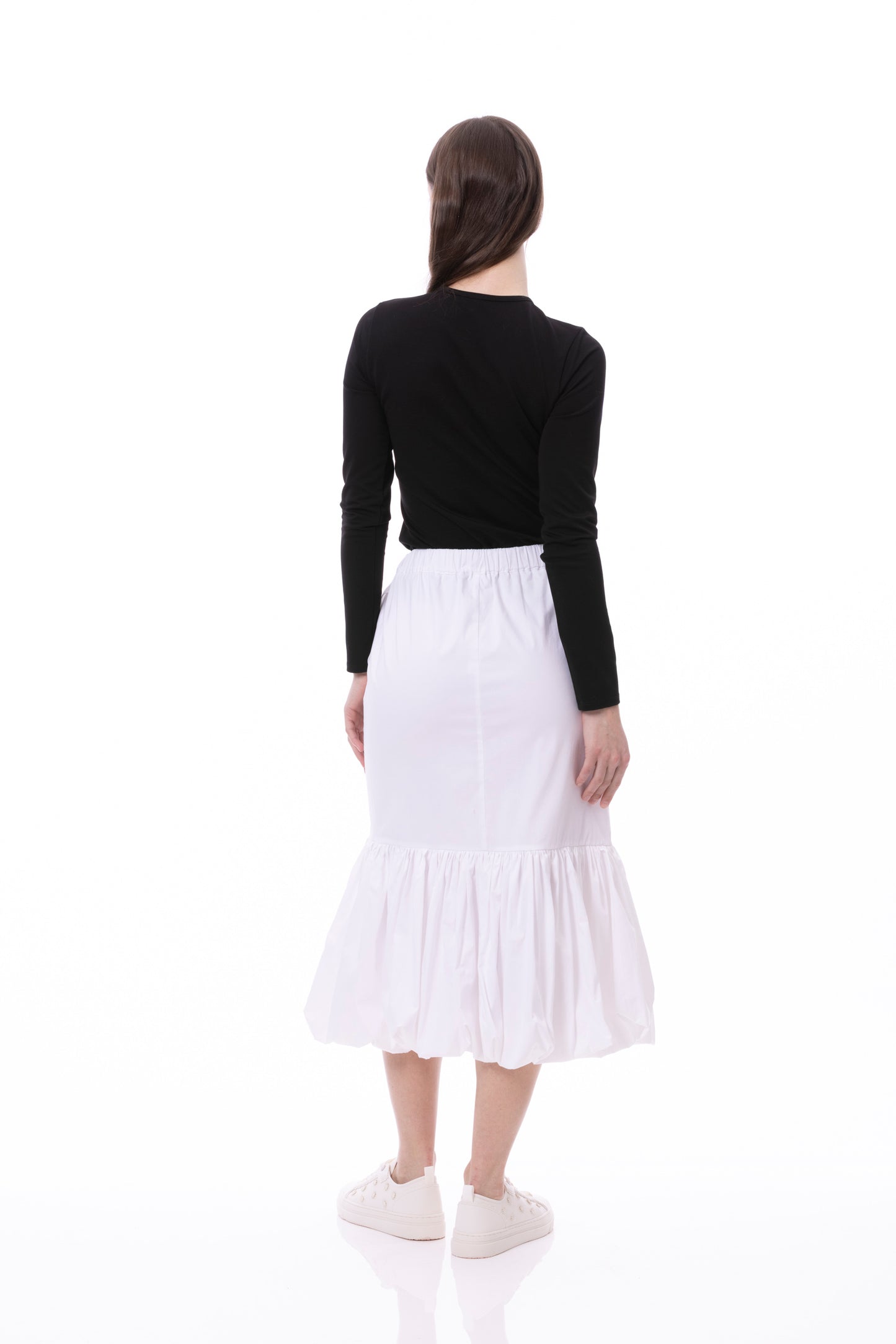 Balloon Flounce Elasticized Waist Sheath Cotton Skirt With Pockets In Cotton White Solid