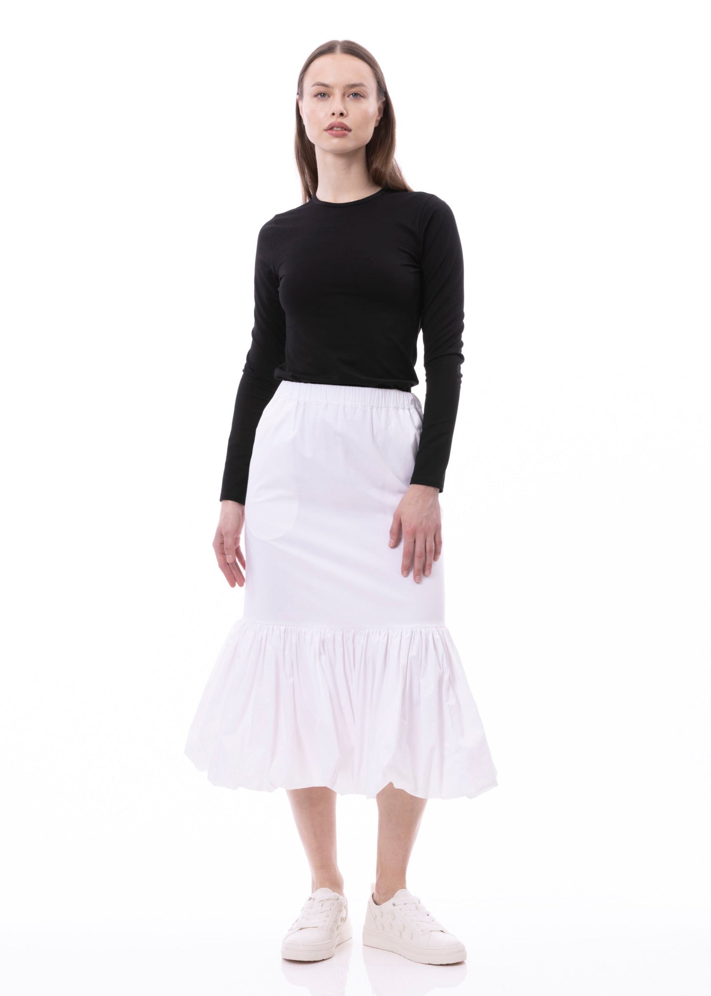 Balloon Flounce Elasticized Waist Sheath Cotton Skirt With Pockets In Cotton White Solid