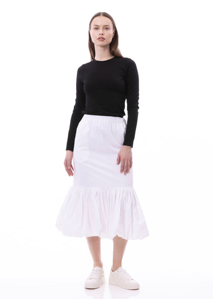 Balloon Flounce Elasticized Waist Sheath Cotton Skirt With Pockets In Cotton White Solid