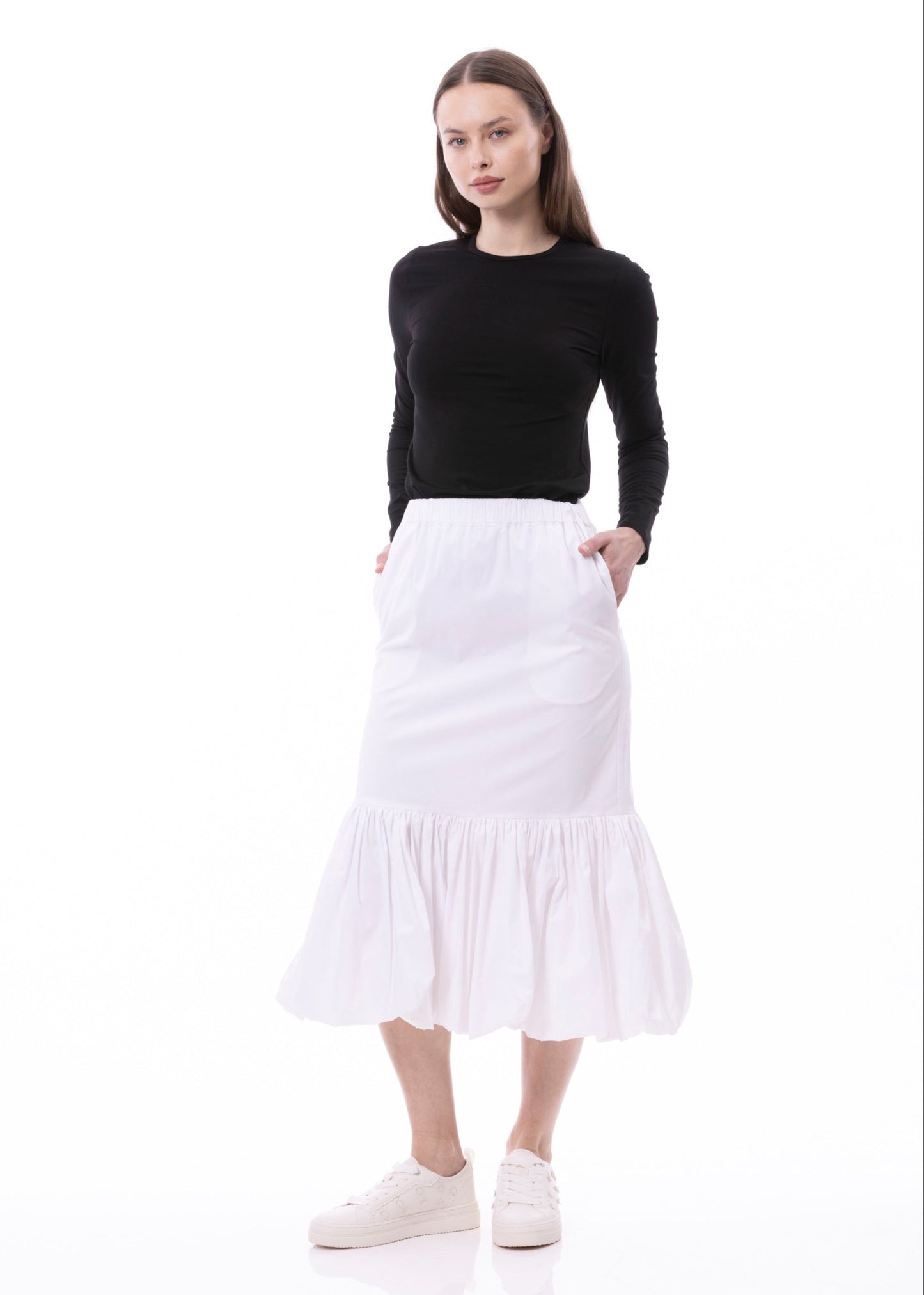 Balloon Flounce Elasticized Waist Sheath Cotton Skirt With Pockets In Cotton White Solid