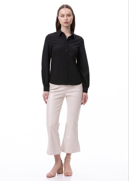 Button Down Long Sleeve Striped Satin Jacquard Shirt In Black Solid