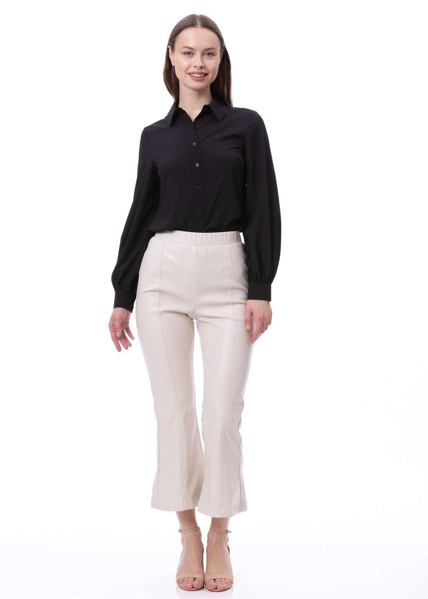 Button Down Long Sleeve Striped Satin Jacquard Shirt In Black Solid