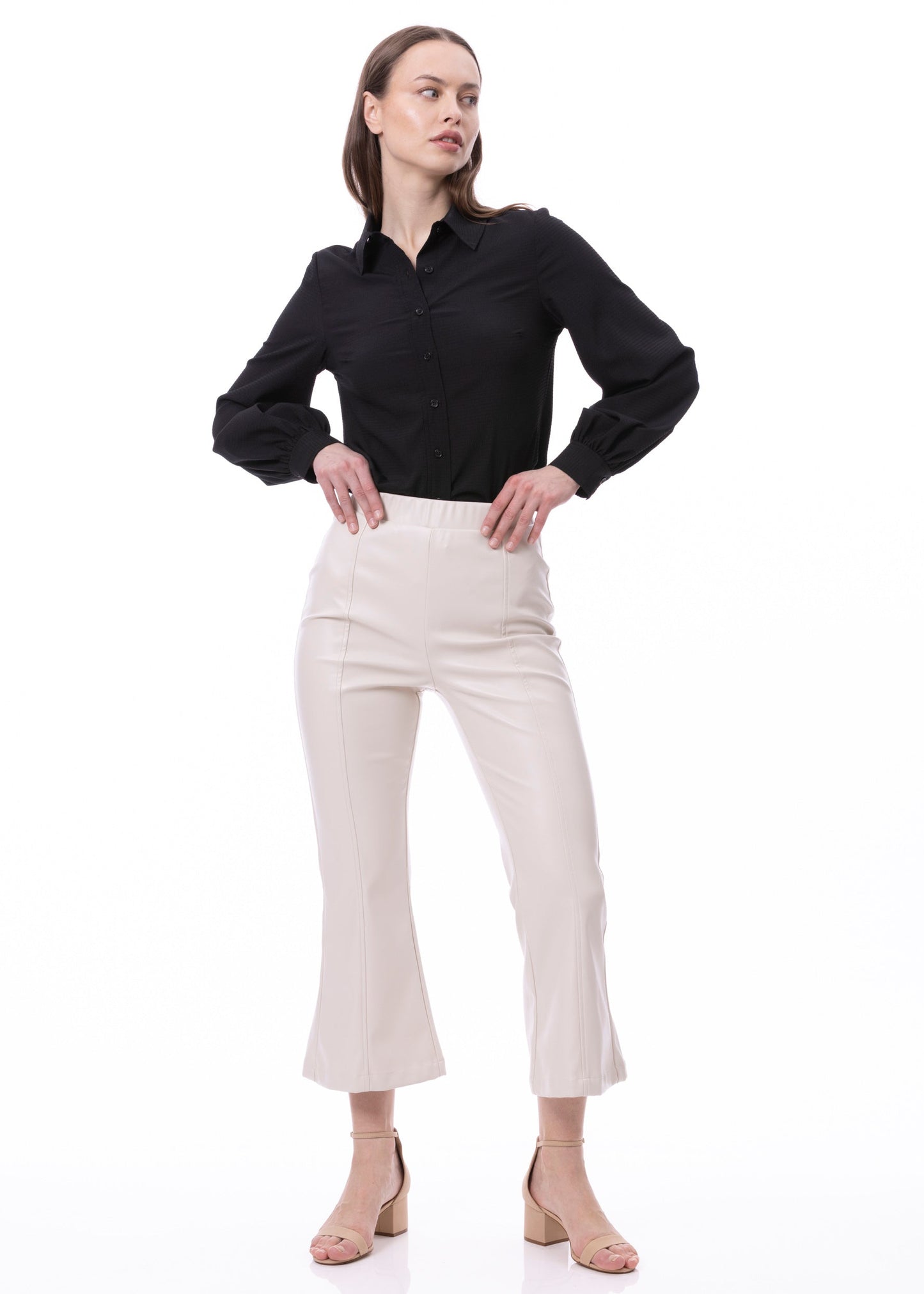 Button Down Long Sleeve Striped Satin Jacquard Shirt In Black Solid