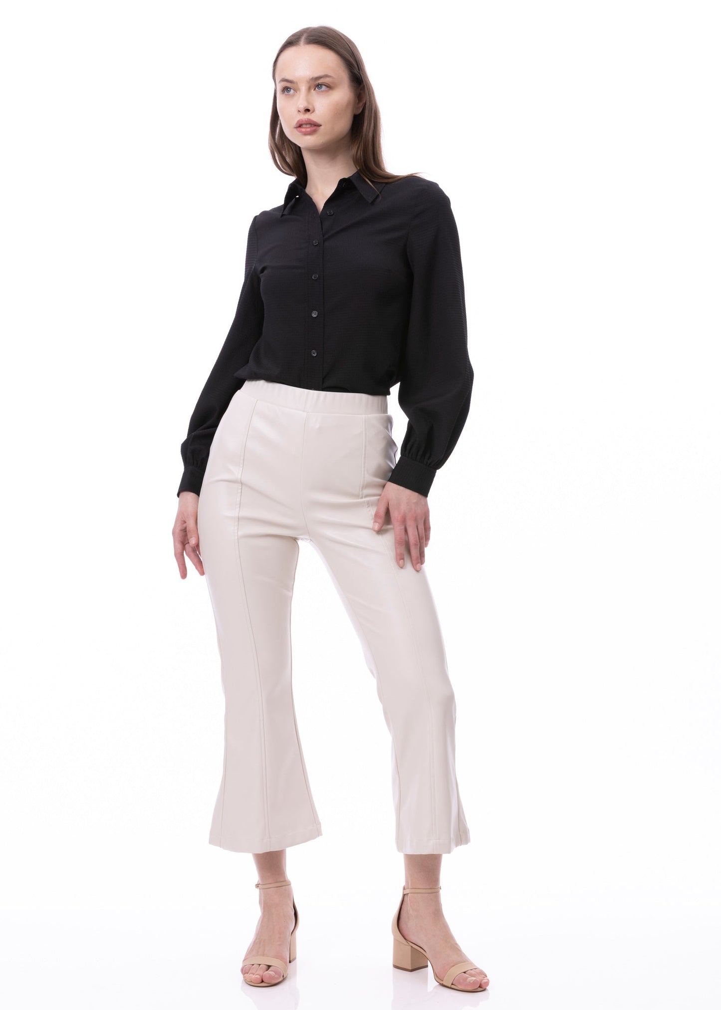 Button Down Long Sleeve Striped Satin Jacquard Shirt In Black Solid