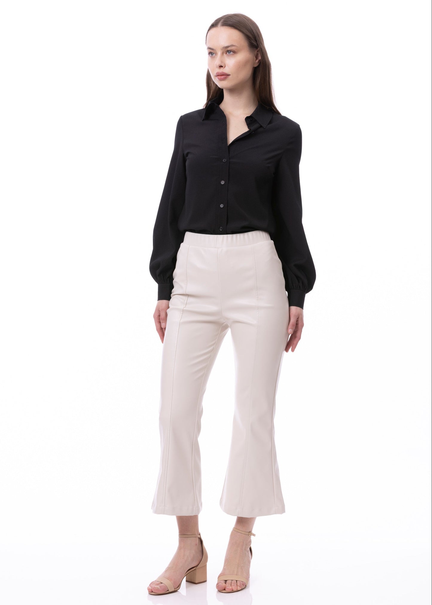 Button Down Long Sleeve Striped Satin Jacquard Shirt In Black Solid