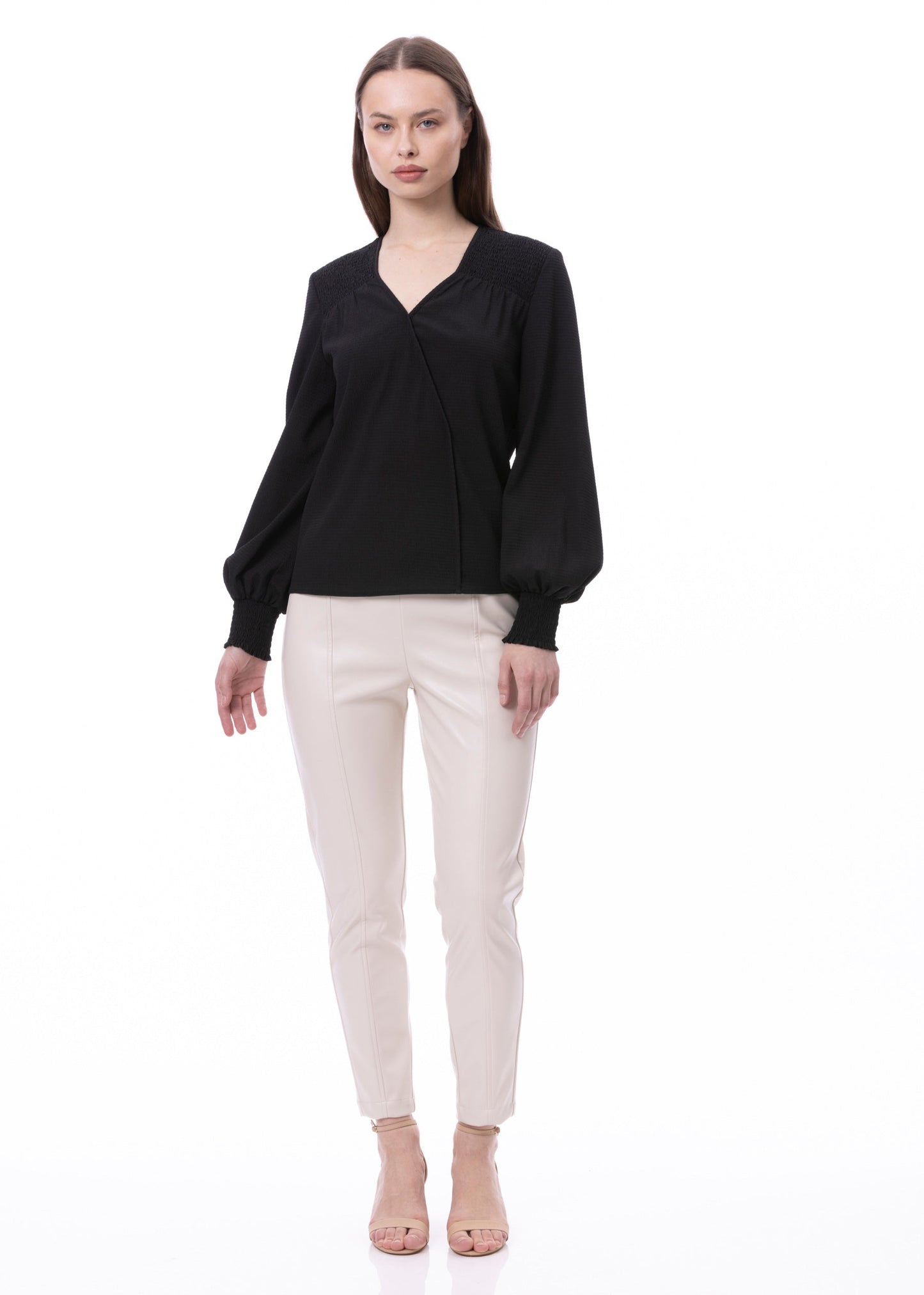 V-neck Bishop Sleeve Smocked Shoulder & Cuff Faux Wrap Blouse In Black Solid