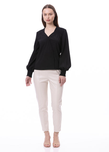 V-neck Bishop Sleeve Smocked Shoulder & Cuff Faux Wrap Blouse In Black Solid