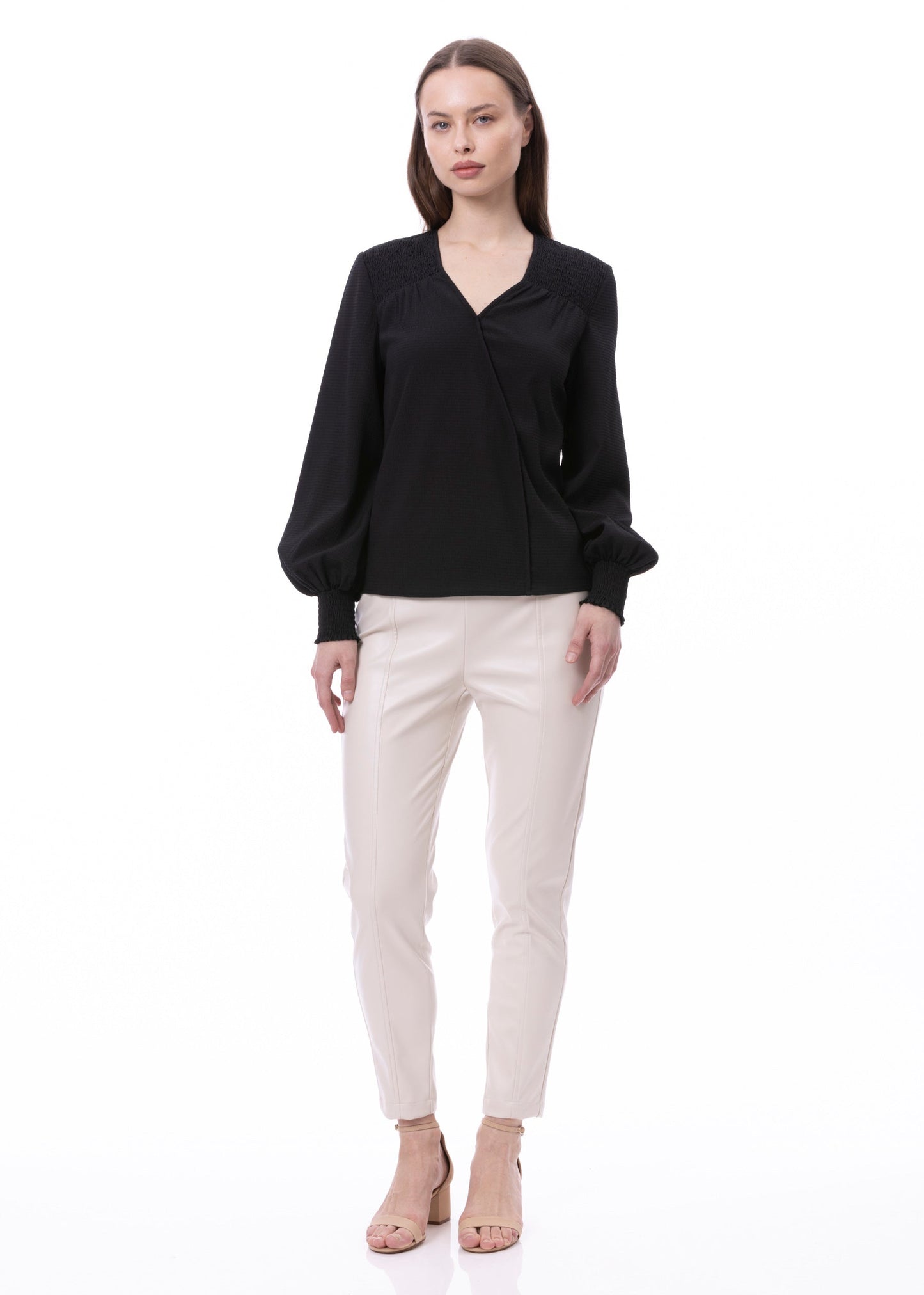 V-neck Bishop Sleeve Smocked Shoulder & Cuff Faux Wrap Blouse In Black Solid