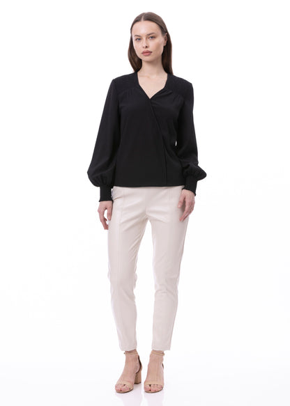 V-neck Bishop Sleeve Smocked Shoulder & Cuff Faux Wrap Blouse In Black Solid