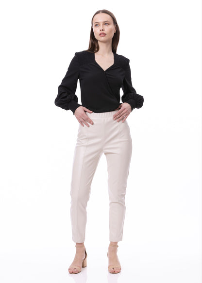 V-neck Bishop Sleeve Smocked Shoulder & Cuff Faux Wrap Blouse In Black Solid