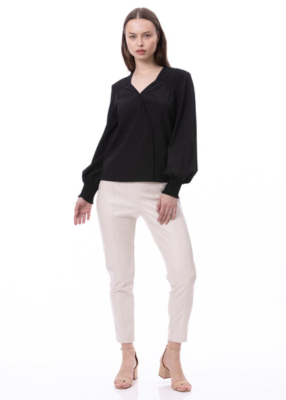 V-neck Bishop Sleeve Smocked Shoulder & Cuff Faux Wrap Blouse In Black Solid