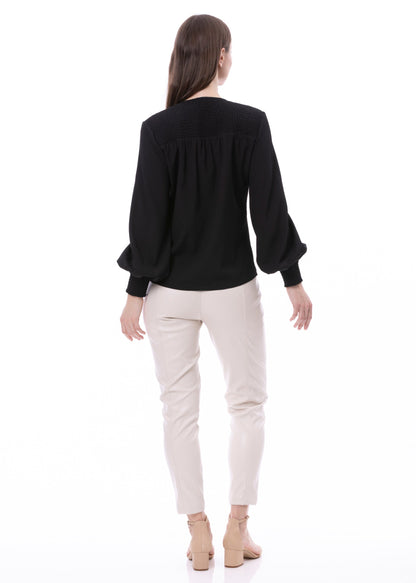 V-neck Bishop Sleeve Smocked Shoulder & Cuff Faux Wrap Blouse In Black Solid