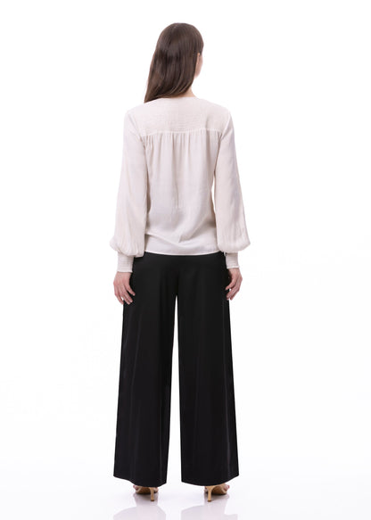 V-neck Bishop Sleeve Smocked Shoulder & Cuff Faux Wrap Blouse In Khaki Solid