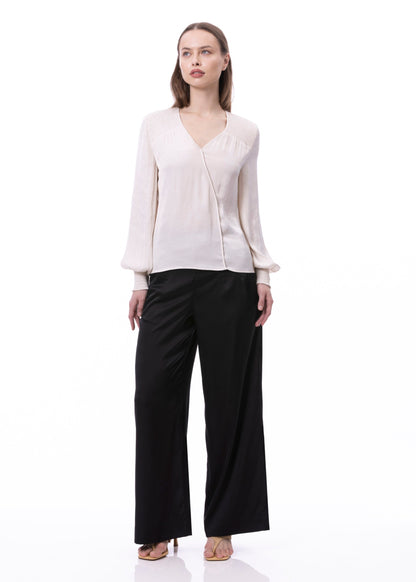 V-neck Bishop Sleeve Smocked Shoulder & Cuff Faux Wrap Blouse In Khaki Solid