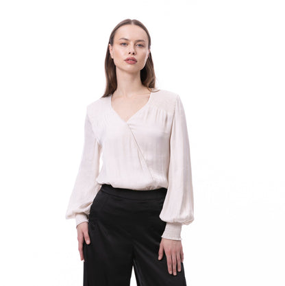 V-neck Bishop Sleeve Smocked Shoulder & Cuff Faux Wrap Blouse In Khaki Solid