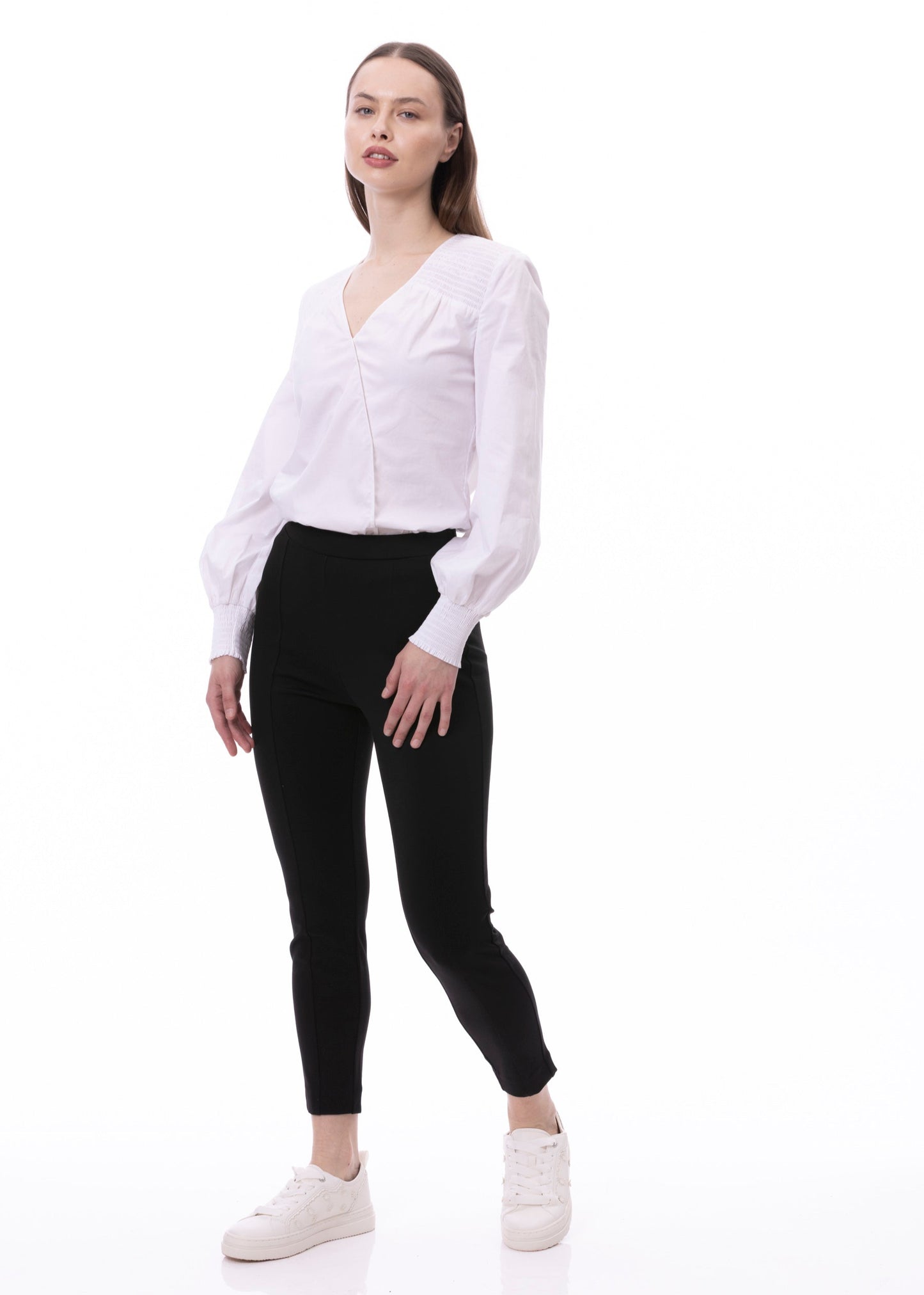 V-neck Bishop Sleeve Smocked Shoulder & Cuff Faux Wrap Blouse In Cotton White Solid