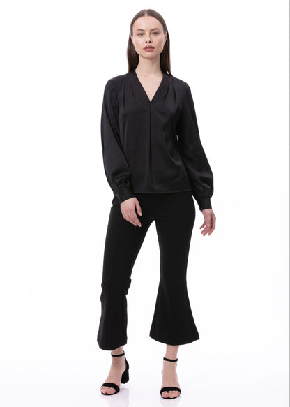 V-neck Pleat Detail Balloon Long Sleeve Blouse In Black Solid