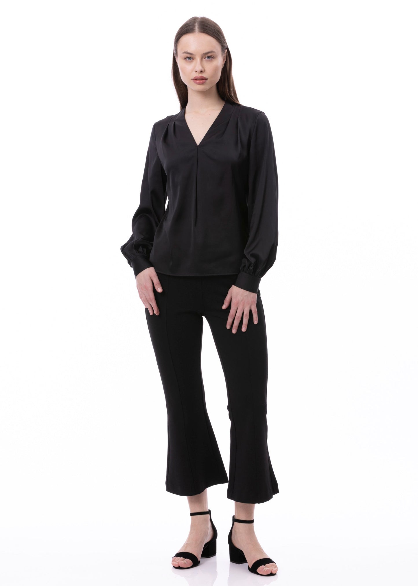 V-neck Pleat Detail Balloon Long Sleeve Blouse In Black Solid